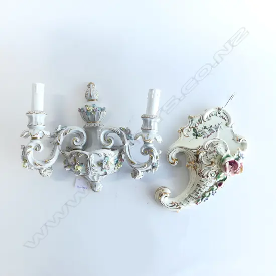 DRESDON CHINA 2 BRANCH WALL LIGHT  L300MM & ITAILIAN CHINA WALL POCKET H270MM