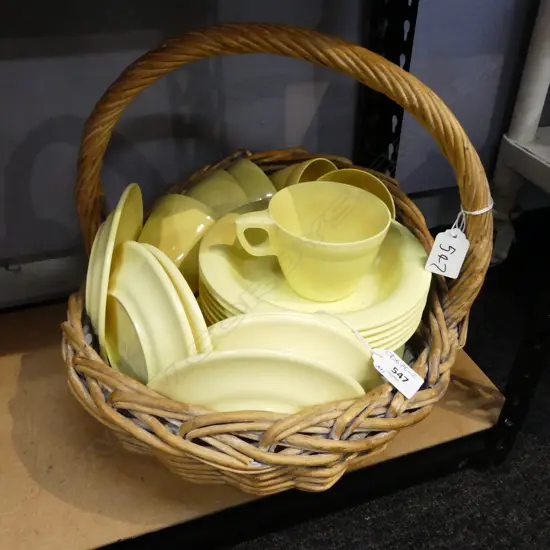 PLASTIC FALCON PICNIC/CAMPING WARE w. WICKER BASKET