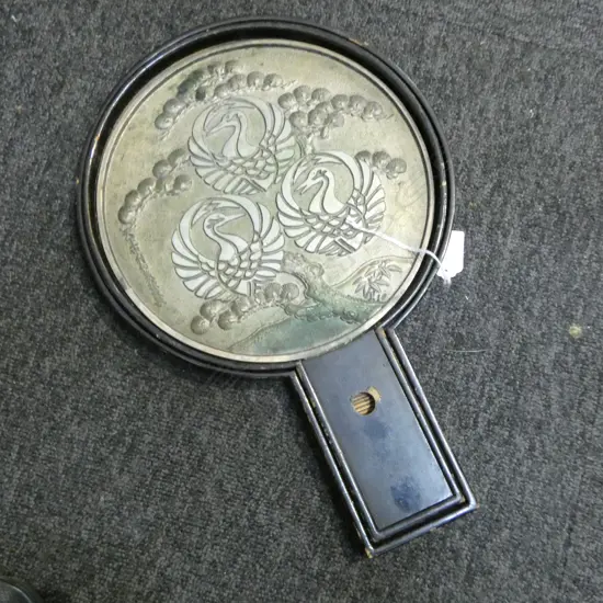 Meiji period silvered bronze mirror in orginal lacquer box H.345mm