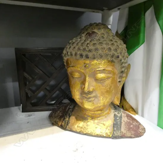 GILT METAL BUDDHA HEAD ON TRELLIS STAND H.320mm