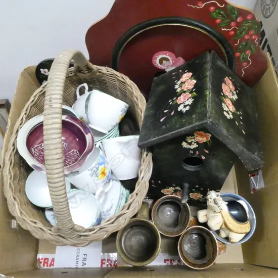 BOX PAINTED WOOD BASKET  TEASET POTTERY ETC