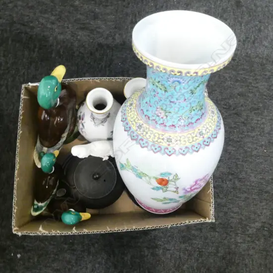 COLLECTION OF CHINESE VASES H 400MM TALLEST ON STAND IRON TEAPOT 3 DUCK ORNS