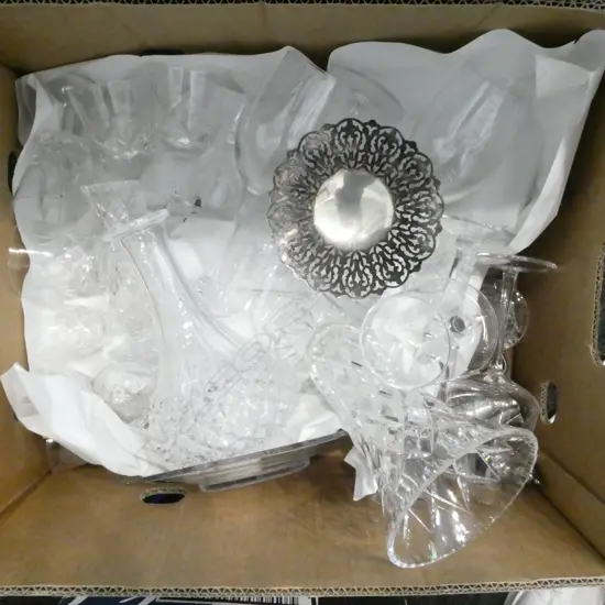 BOX OF EP CRYSTAL VASES GLASSES ETC