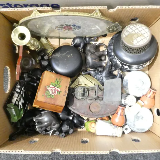 COLLECTION OF HARD WOOD ELEPHANTS  BRASS ITEMS ETC