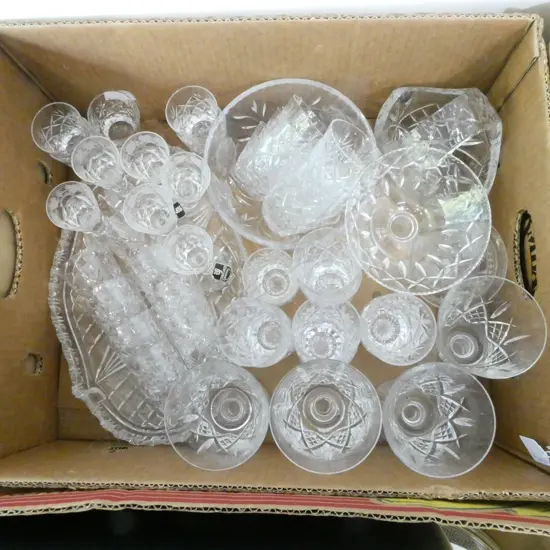 COLLECTION OF CRYSTAL GLASSES BOWL BASKET TRAY ETC