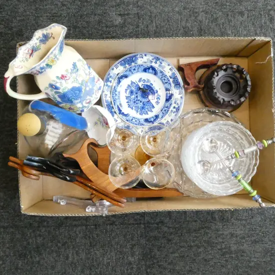 ASST. VINTAGE; DECO GLASS DESSERT SET, B/W DELFT PLATES, MASON JUG, 4 LIQUEUR GLASSES & CHINESE STANDS