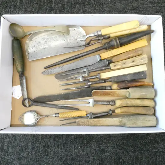 VICTORIAN CUTLERY IVORY, HORN, & ANTLER HANDLE CARVING FORKS, KNIVES ETC 18PCS 