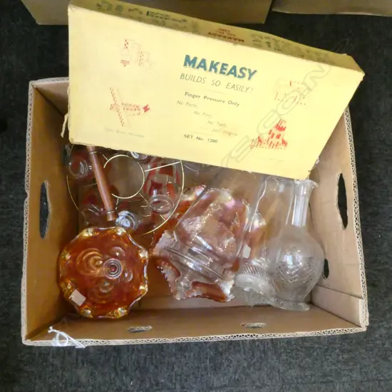 2 LIDDED GLASS TOILET BOTTLES DECANTER  JUG GLASS SET & 3 CARNIVAL GLASS BOWLS ETC