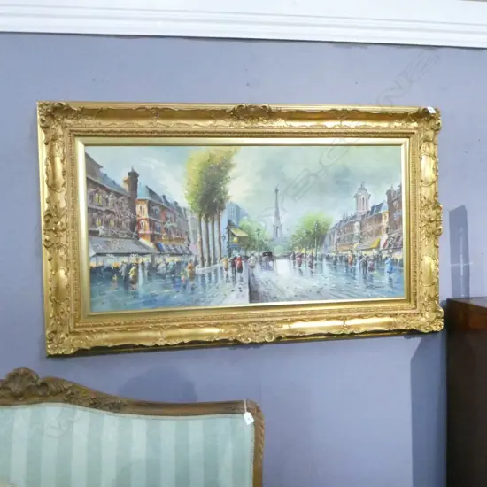 OMER, STREETS OF PARIS, OIL ON CANVAS, SIGNED, 590 x 1190mm