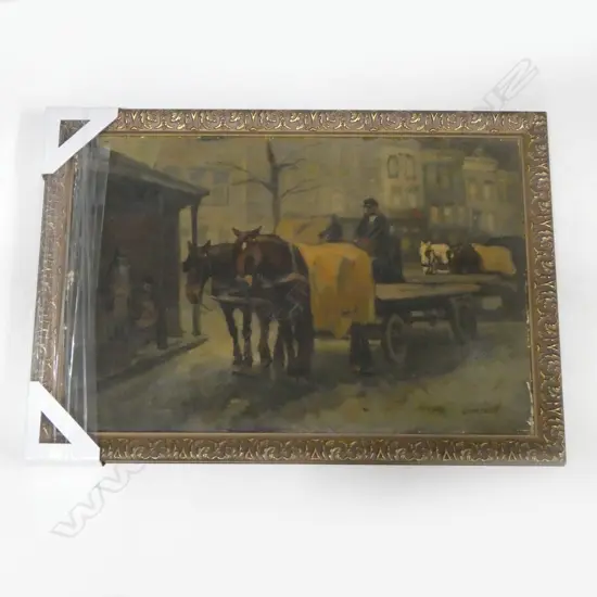 BERNARDUS CORNELIS NOLTEE (DUTCH 1903-67) 'PATIENT HORSES WITH DRAY' OIL ON CANVAS C.1930s 395x595mm