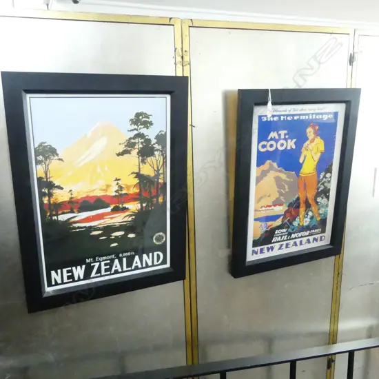 TWO FRAMED NZ REPLICA TRAVEL POSTERS, L.485MM W.365MM