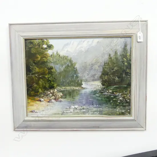 R. WEBB, RIVER LANDSCAPE, OIL ON BOARD 295x395m