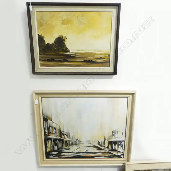 2 SIGNED OILS; LIZ BRANN 'SEASCAPE' COROMANDEL & ROBERT F. SANSOM 'GOLD TOWN', 600x720mm