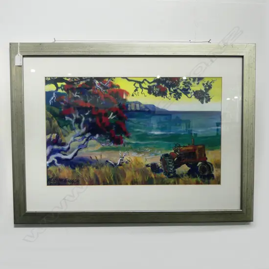 ROB MC GREGOR, "TRACTOR UNDER POHUTAKAWA",FRAMED PRINT, 340 X 560MM