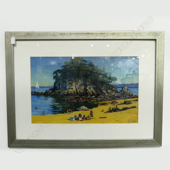 BILL BURKES, "LITTLE KAITERITERI", FRAMED PRINT,320 X 530MM