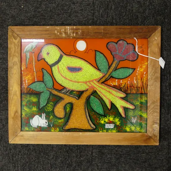 ORIENTAL ARTWORK ON GLASS w. BEADED PARROT 290x390mm