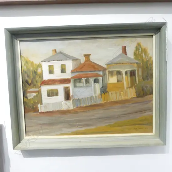 JUNE SHIEFF, 3 COLONIAL HOUSES, ACRYLIC ON BOARD 1970 355x475mm