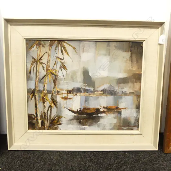 FLORENCE LUXFORD, WATERFRONT LANDSCAPE w. BOATS & BAMBOO, OIL ON BOARD, 390x490mm