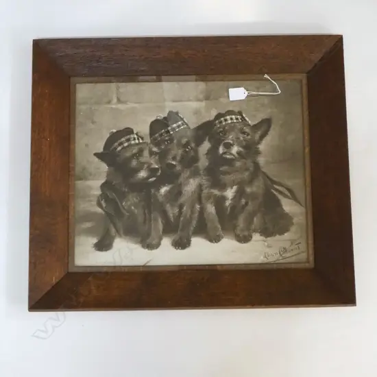 ANTIQUE PRINT OF SCOTTIE DOGS IN SCOTTISH BONNETS