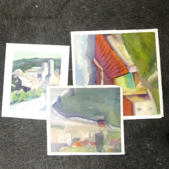 3 GLENYS CULLIMORE ACRYLIC ON CANVAS UNFRAMED ARTWORKS ‘HILLSIDE VILLAGE’ FRANCE ‘14 ETC