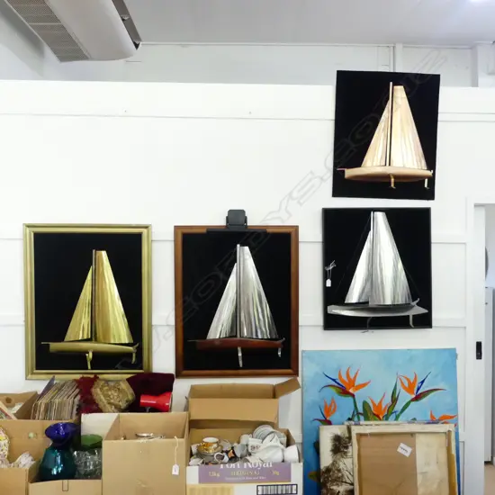 4 METAL HALF SAIL BOATS, FRAMED