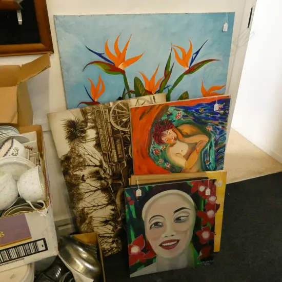 4 ORIGINAL SIGNED WORKS, ACRYLIC ON CANVAS, LARGEST 1220x810mm & 6 PRINTS