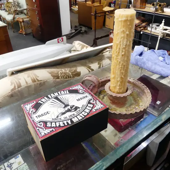 GIANT POTTERY CANDLE HOLDER & CANDLE H.470mm + GIANT 'THE FANTAIL' MATCHES BOX W.305mm