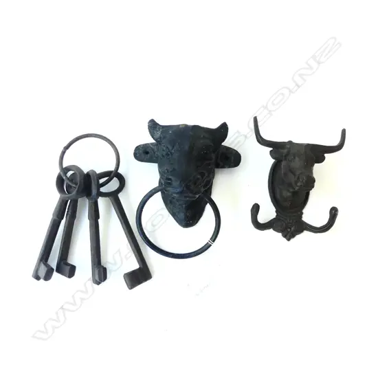 3 PCES CAST IRON; BULL w. RING HANDLE, LONG HORN BULL COAT HOOK, KEYS