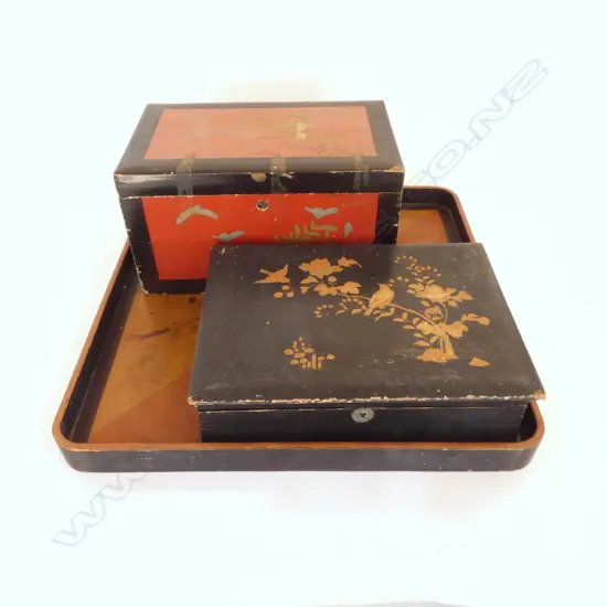 THREE OLD JAPANESE LACQUER ITEMS, TRAY 400X400 BOX WITH INNER 300X190X360 & BLACK LETTERBOX 290X210X90mm
