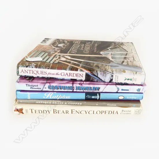 FIVE ANTIQUE REFERENCE BOOKS INCL. COSTUME JEWELS/ANTIQUES FROM THE GARDEN ETC