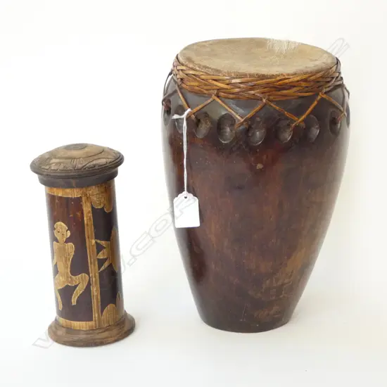 INDONESIAN DRUM & LIDDED BAMBOO CONTAINER w detailed carving