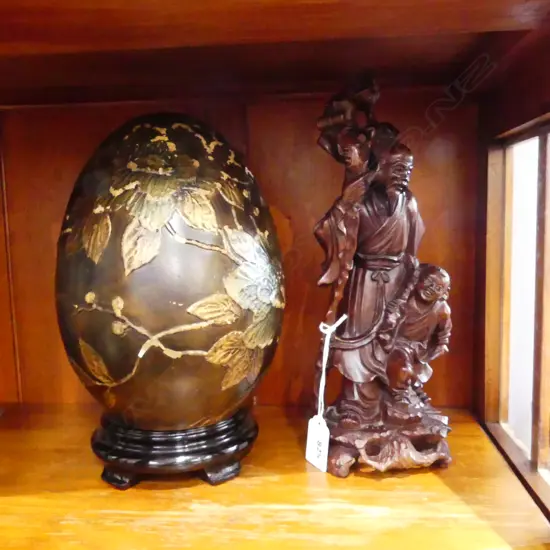 ORIENTAL CERAMIC EGG ON STAND + WOOD CARVING H.260mm