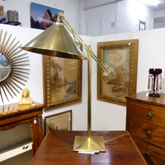 1980'S BRASS ADJUSTABLE DESK LAMP BY JOHN BRITTEN (Motorcycle fame) square base. The shade a later replacement. H.800mm