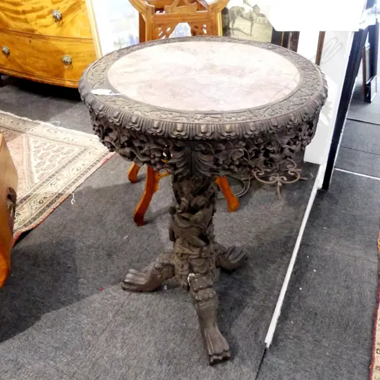 ORIENTAL CARVED WOODEN PEDESTAL SIDE TABLE, MARBLE TOP AF H.815mm