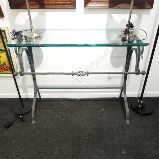 CONSOLE TABLE, GLASS TOP, WROUGHT IRON BASE 