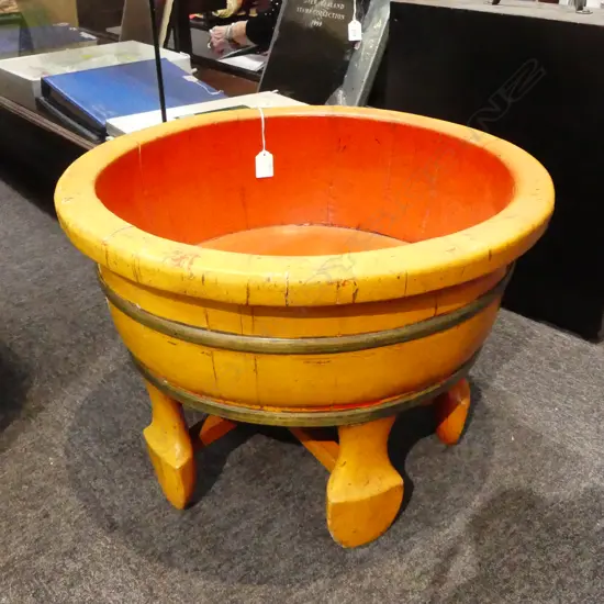 RED / ORANGE LACQUER ORIENTAL COOPERED WOODEN FLOOR STANDING BOWL brass binding + stretchered base. Dia.520mm