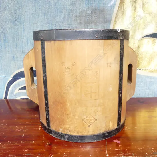 80 year old iron bound cypress wood rice measure; Imperial standard, 18 litres, H.315mm