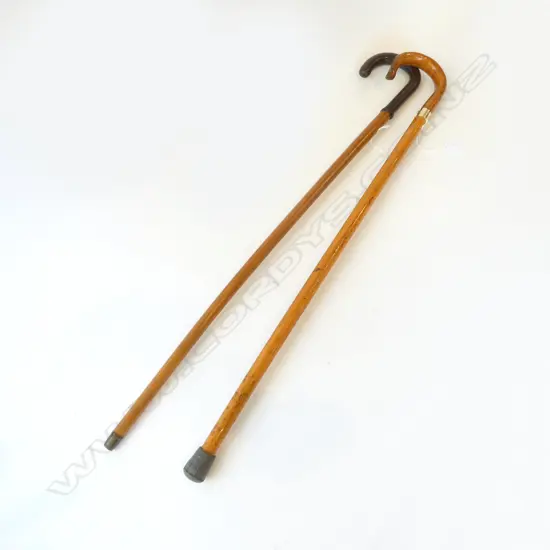 2 VINTAGE WALKINGSTICKS INLAID HORSE SHOE DECORATION TO ONE LEATHER HANDLE TO OTHER L910MM