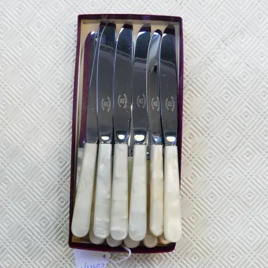 SET OF 12 VINTAGE FAUX MOTHER OF PEARL KNIVES – 6 DINNER & 6 LUNCH