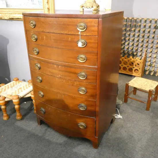 GEORGIAN STYLE 6 DRAWER (1 double) BOW FRONT TALL BOY 765x530x1225mm