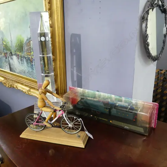 WOODEN BIKE RIDER MODEL, WORKS W.255mm, 1938 4468 MALLARD TRAIN MODEL W.380mm, ACRYLIC TOWER H.