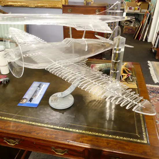 CLEAR ACRYLIC SPITFIRE MODEL ON STAND BY J G BORROWS 2010 1290x1000x250mm