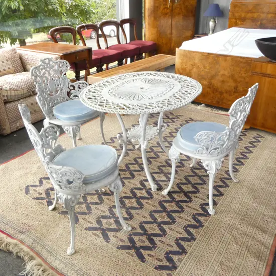 VINTAGE MANSFIELD (Henderson NZ) CLASSICAL WHITE PAINTED ALUMINIUM TABLE & 3 CHAIR SET