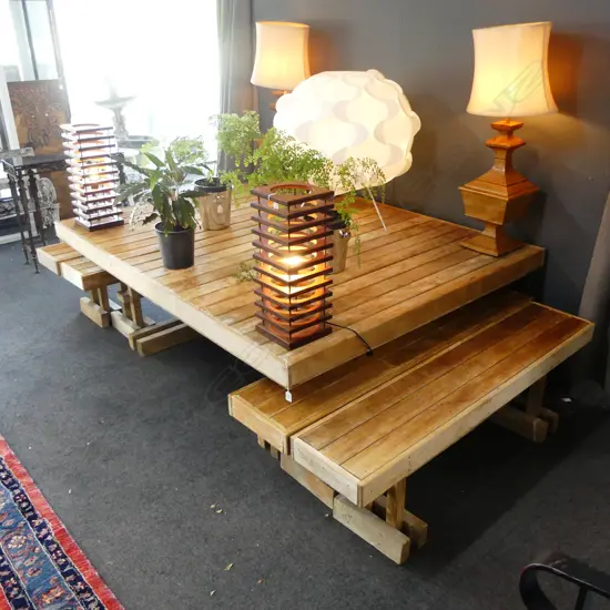 LGE OUTDOOR SLAT TOP TABLE 1550x1950x690mm & 4 BENCHES