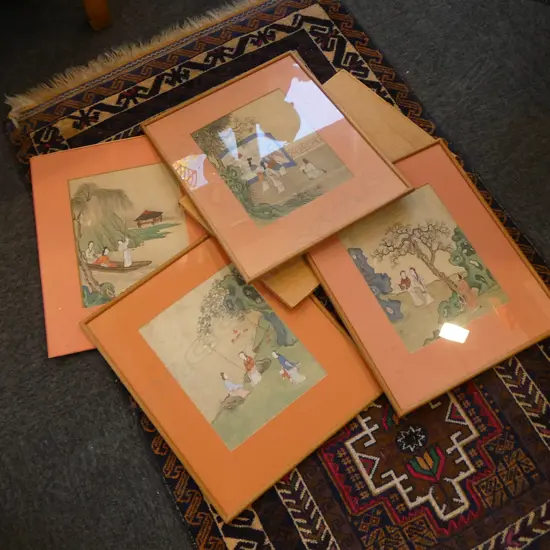 4 CHINESE WCs ON FABRIC 310x235mm + BOOKLET 'MASTERPIECES OF CHINESE PAINTING'