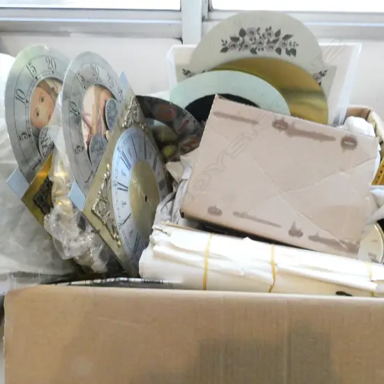 ASST. CLOCK PARTS; FANCY DIALS, WEIGHTS, HANDS, GEARS, BRACKETS ETC