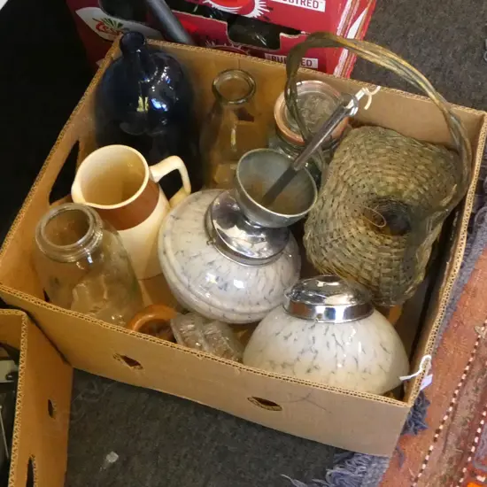 BOX VINTAGE KITCHEN ITEMS  AGEE JAR OF MARBLES  & 2 DECO LAGHT SHADES 