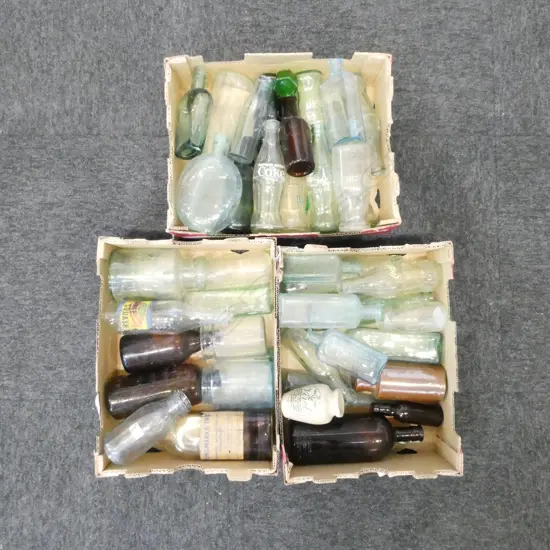 3 BOXES OLD BOTTLES; COKE ETC