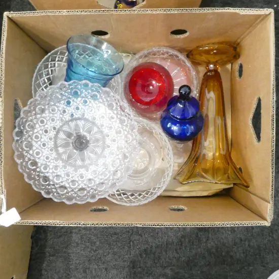 3 CRYSTAL BOWLS GLASS COMPORT & 4 COLOURED GLASS PCS TALLEST 300MM