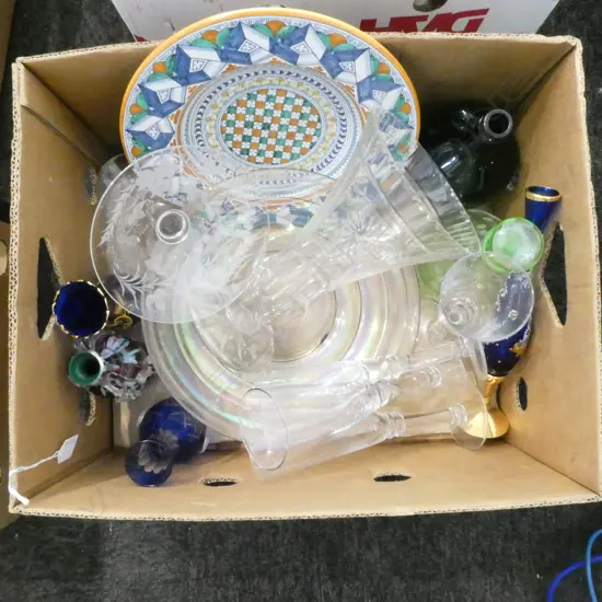 BOX OF CRYSTAL  COLOURED GLASS VASES ETC
